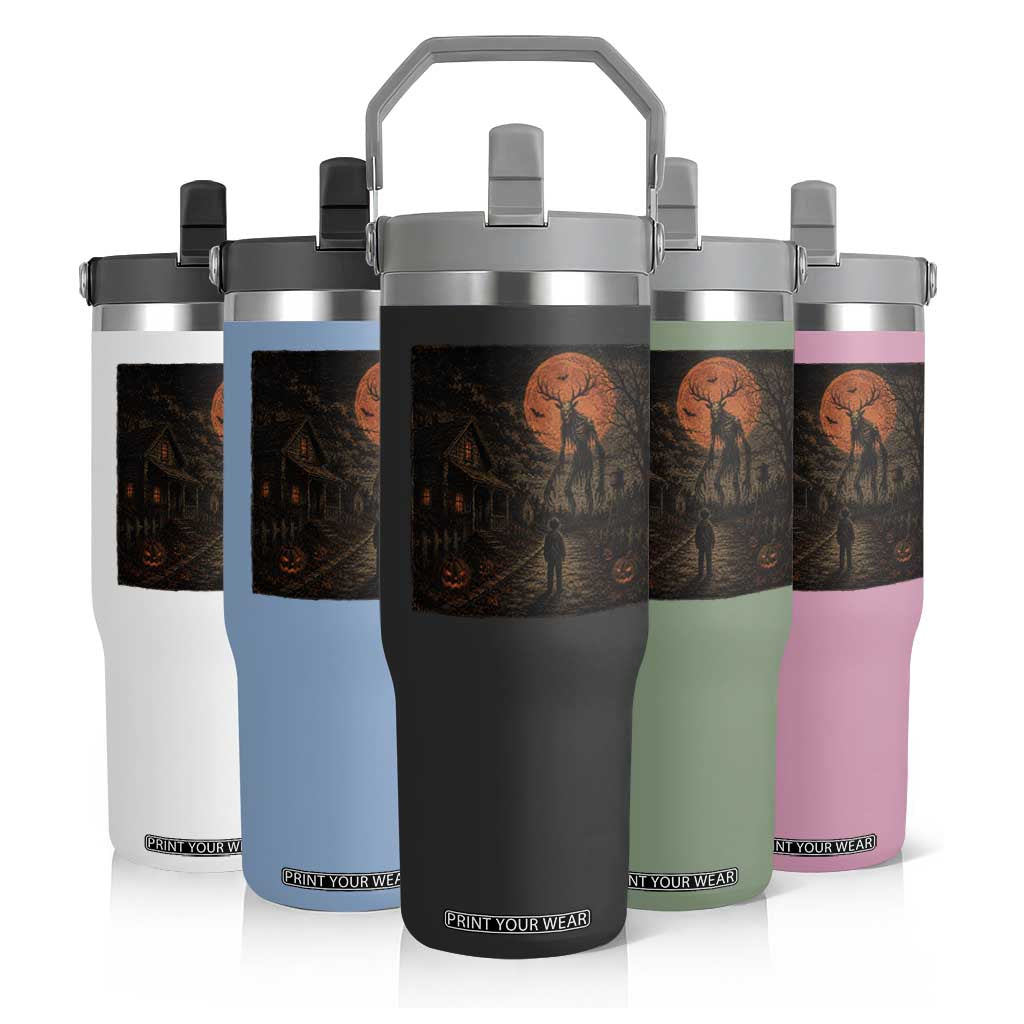 Wendigo Halloween Flip Straw Tumbler Vintage Deer Skull Spooky Night Graphic