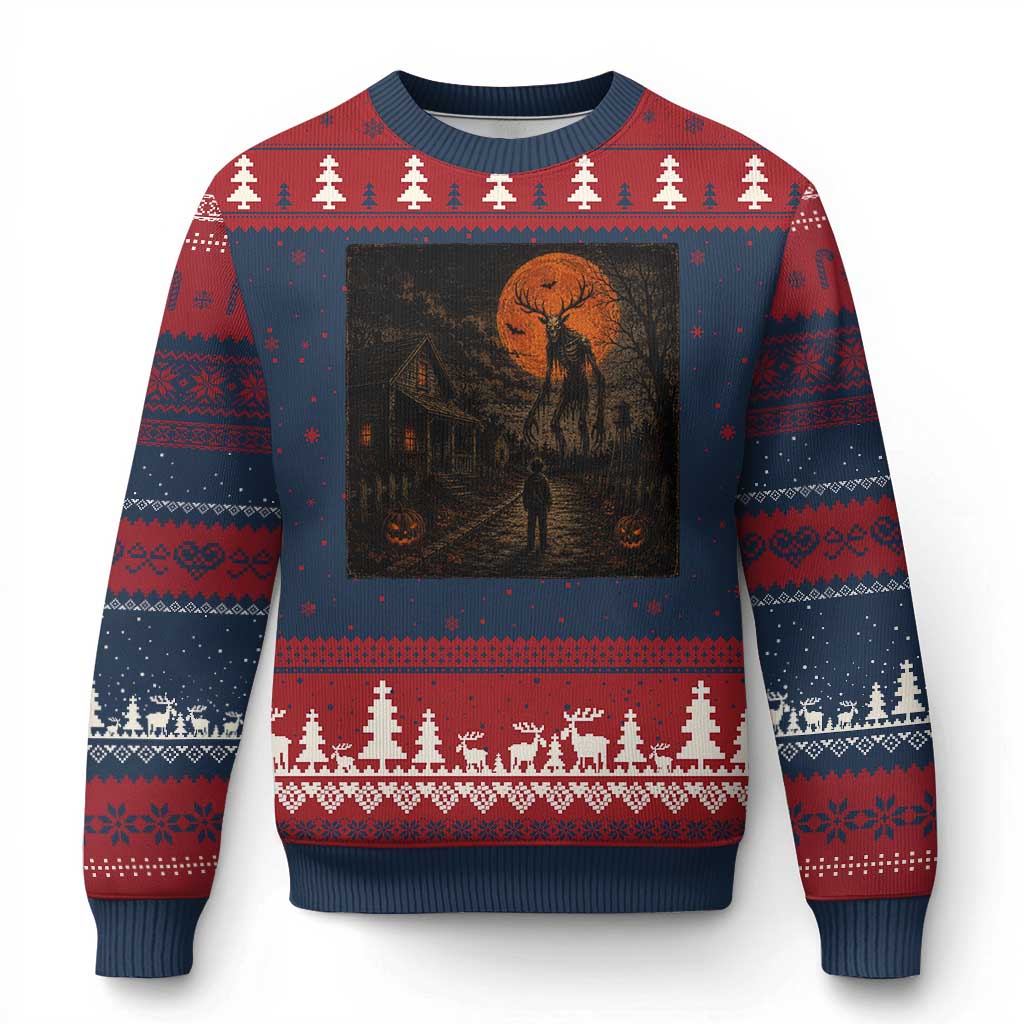 Wendigo Halloween Ugly Christmas Sweater Vintage Deer Skull Spooky Night Graphic TS10 Navy Red Print Your Wear
