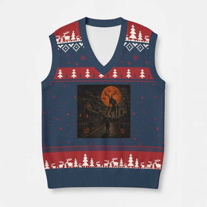 Wendigo Halloween V-Neck Knit Sweater Vest Vintage Deer Skull Spooky Night Graphic