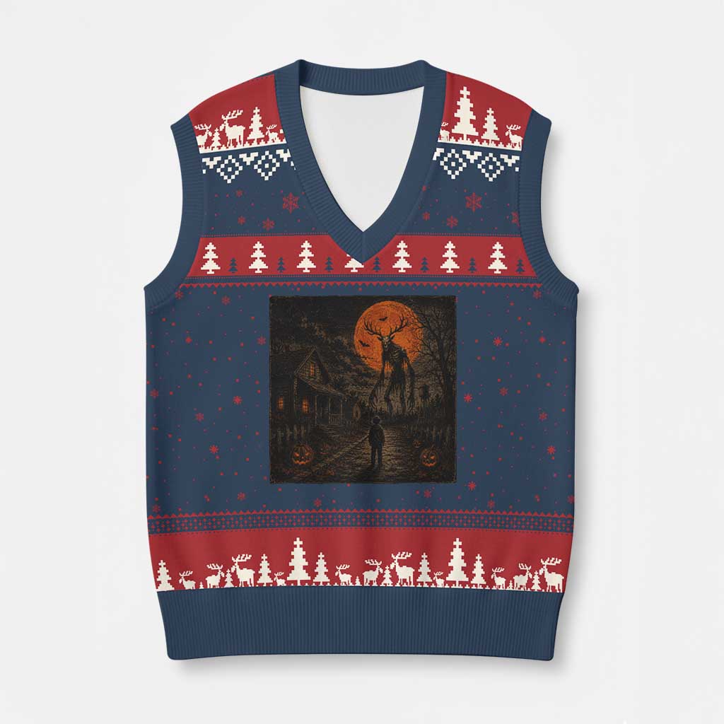 Wendigo Halloween V-Neck Knit Sweater Vest Vintage Deer Skull Spooky Night Graphic TS10 Navy Red Print Your Wear
