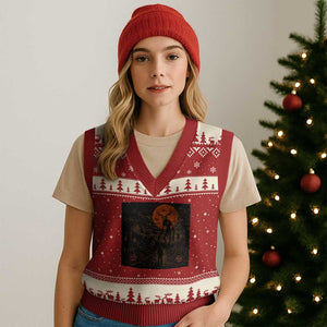 Wendigo Halloween V-Neck Knit Sweater Vest Vintage Deer Skull Spooky Night Graphic