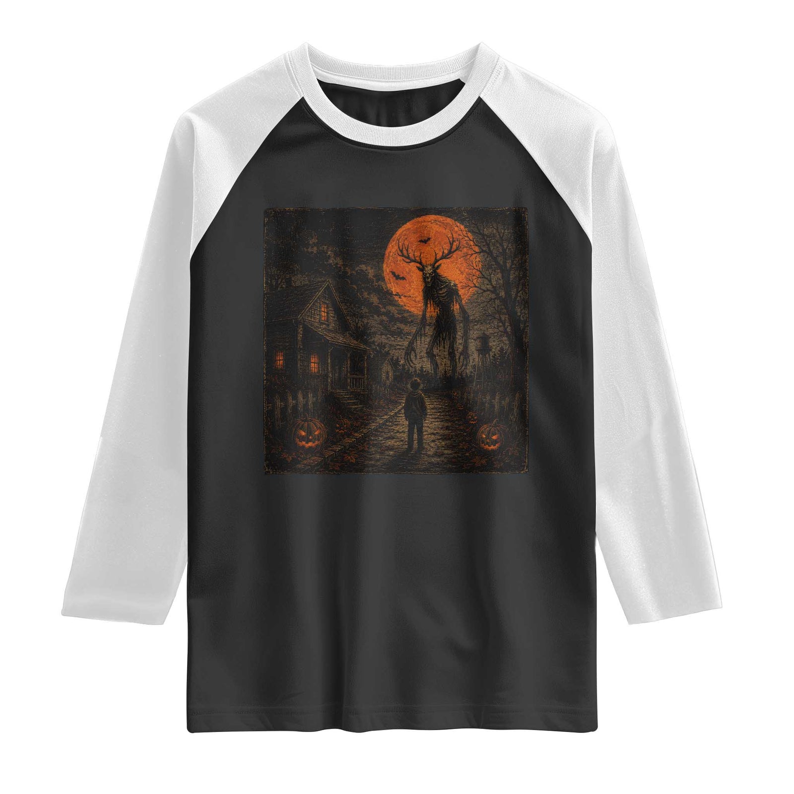 Wendigo Halloween Raglan Shirt Vintage Deer Skull Spooky Night Graphic TS10 Black White Print Your Wear