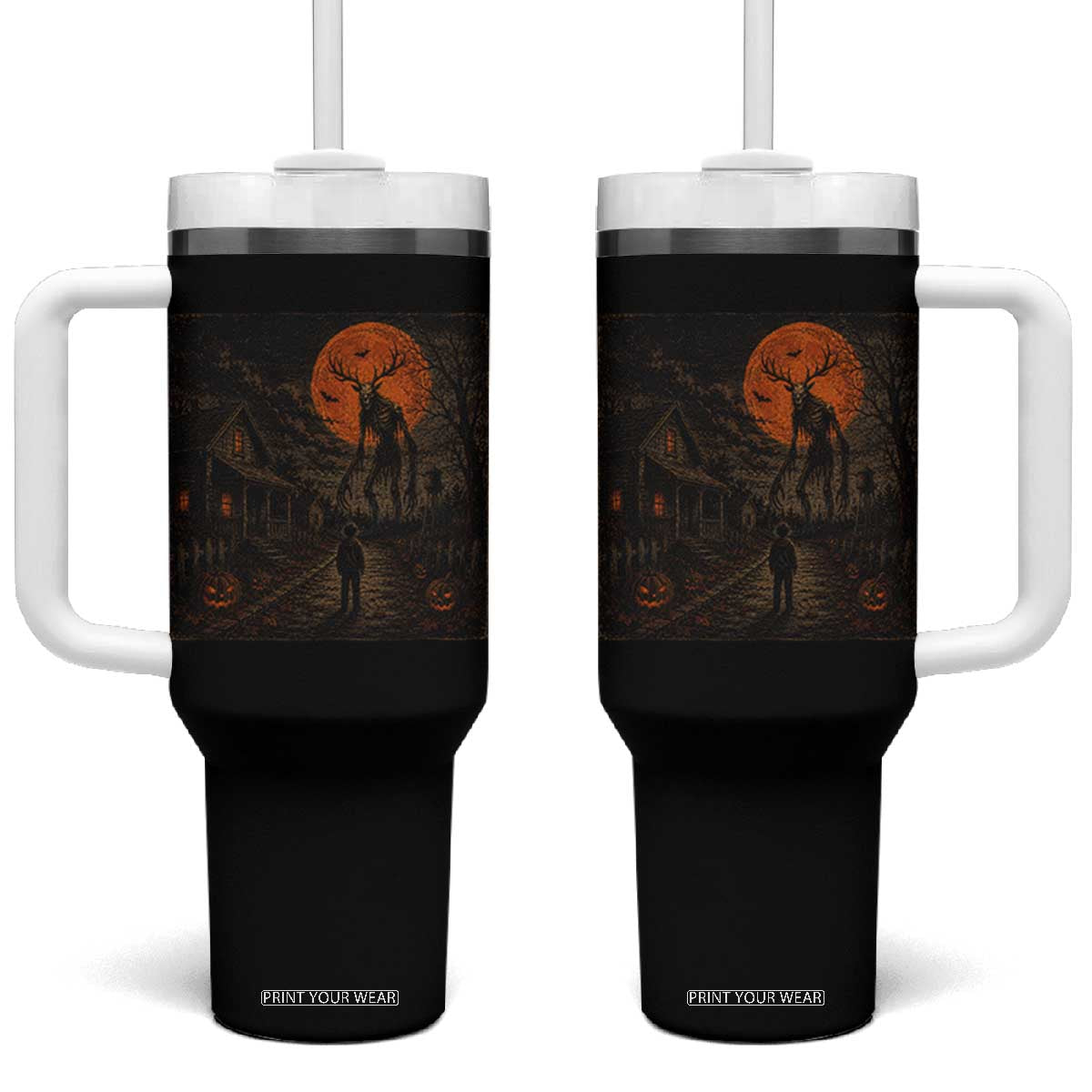 Wendigo Halloween Tumbler With Handle Vintage Deer Skull Spooky Night Graphic
