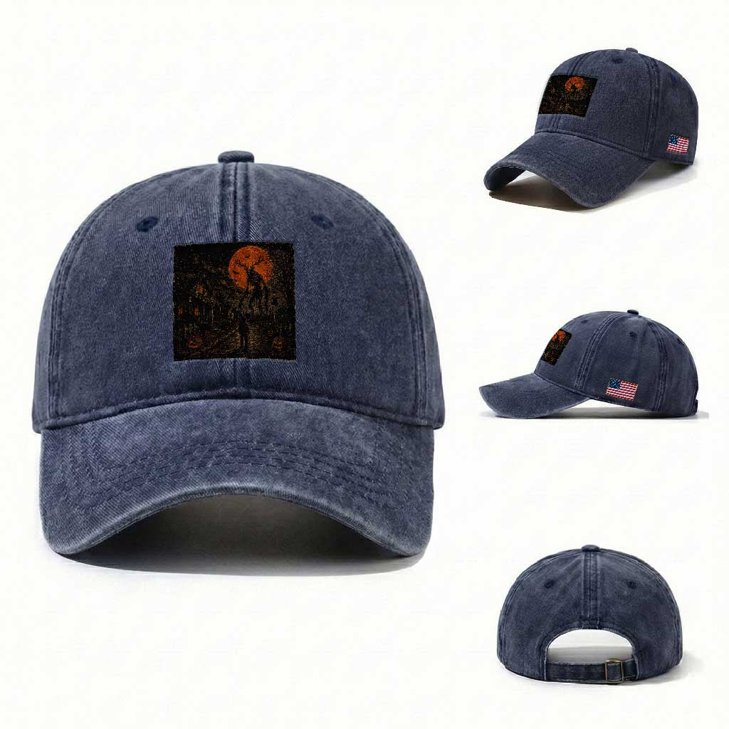 Wendigo Halloween Washed Cotton Baseball Cap Vintage Deer Skull Spooky Night Graphic