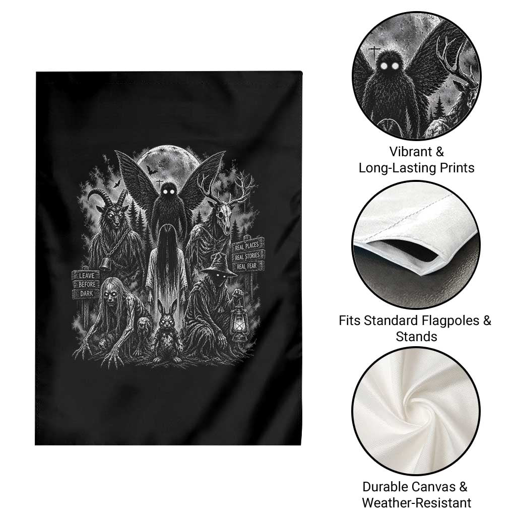 Cryptid Monsters Urban Legends Garden Flag Vintage Dark Folklore Leave Before Dark Graphic