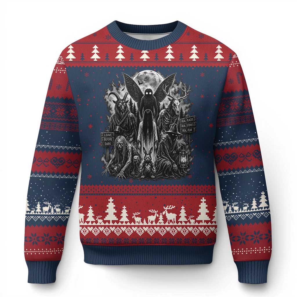 Cryptid Monsters Urban Legends Ugly Christmas Sweater Vintage Dark Folklore Leave Before Dark Graphic TS10 Navy Red Print Your Wear