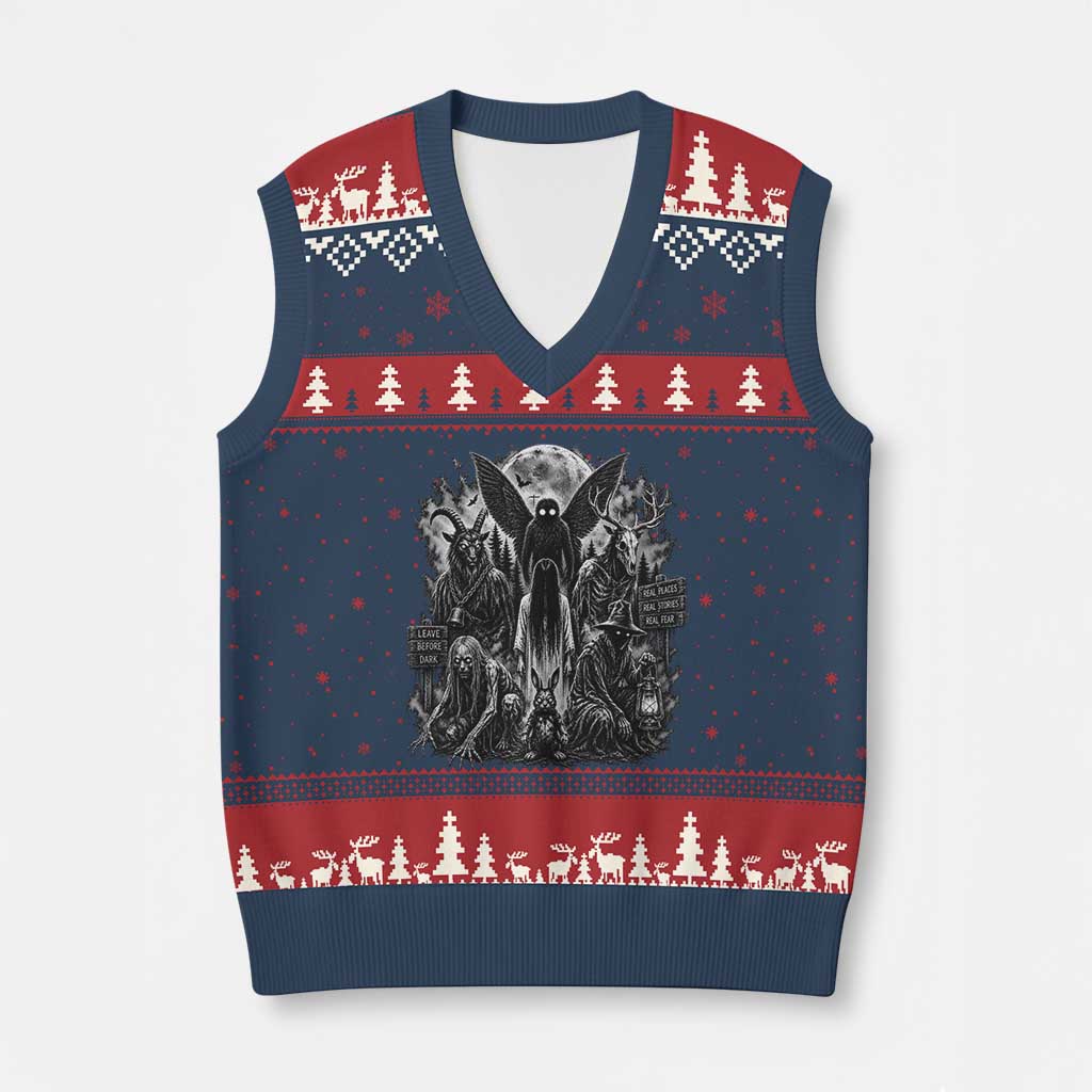 Cryptid Monsters Urban Legends V-Neck Knit Sweater Vest Vintage Dark Folklore Leave Before Dark Graphic TS10 Navy Red Print Your Wear