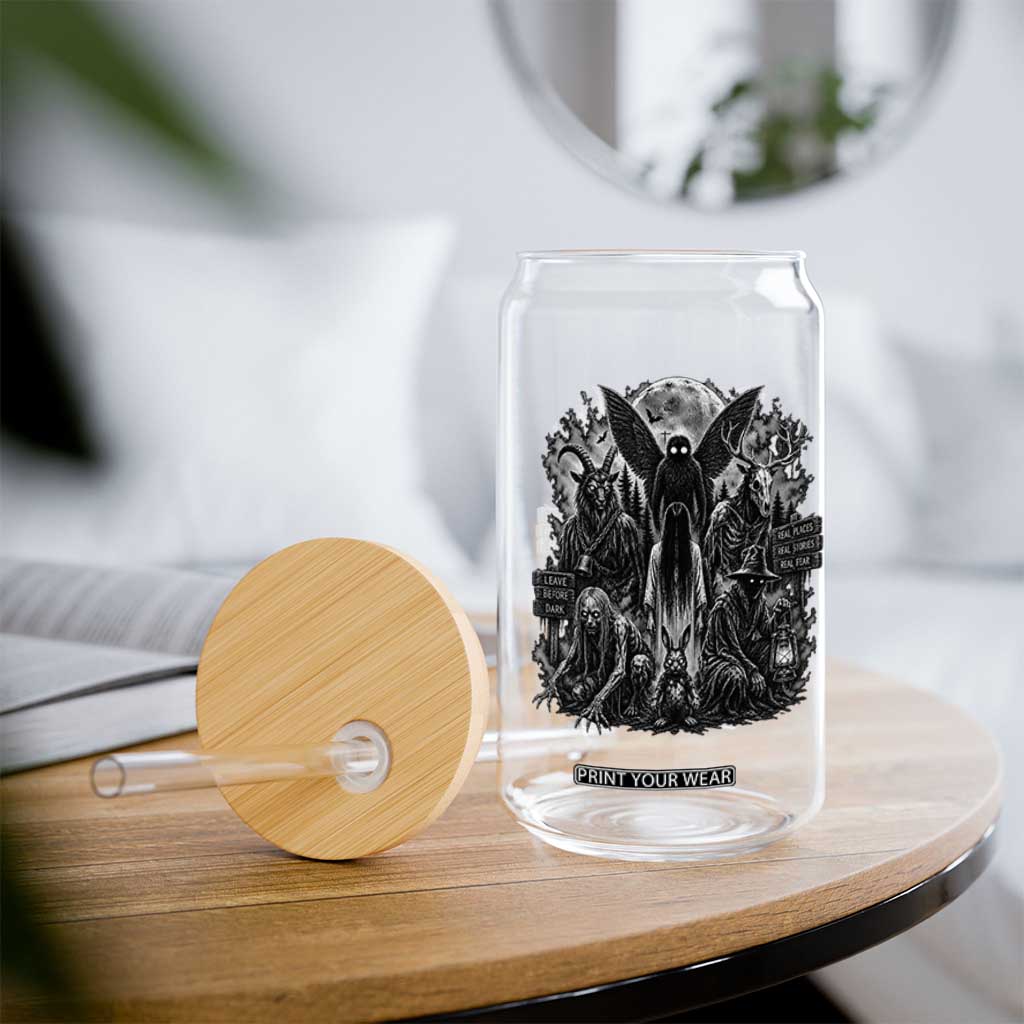 Cryptid Monsters Urban Legends Glass Can Vintage Dark Folklore Leave Before Dark Graphic
