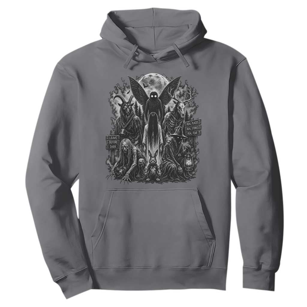 Cryptid Monsters Urban Legends Hoodie Vintage Dark Folklore Leave Before Dark Graphic