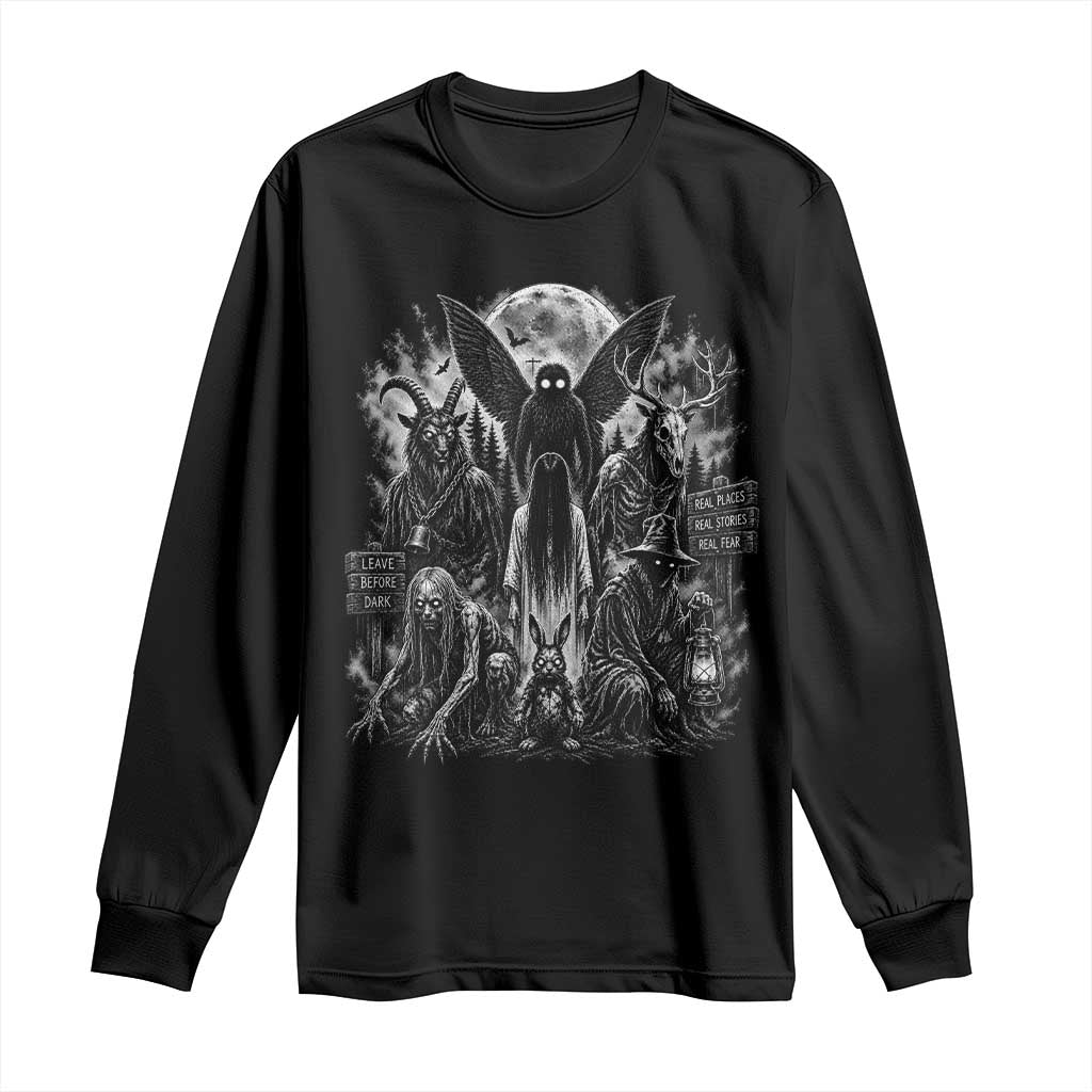 Cryptid Monsters Urban Legends Long Sleeve Shirt Vintage Dark Folklore Leave Before Dark Graphic TS10 Black Print Your Wear