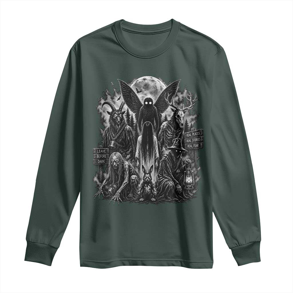 Cryptid Monsters Urban Legends Long Sleeve Shirt Vintage Dark Folklore Leave Before Dark Graphic