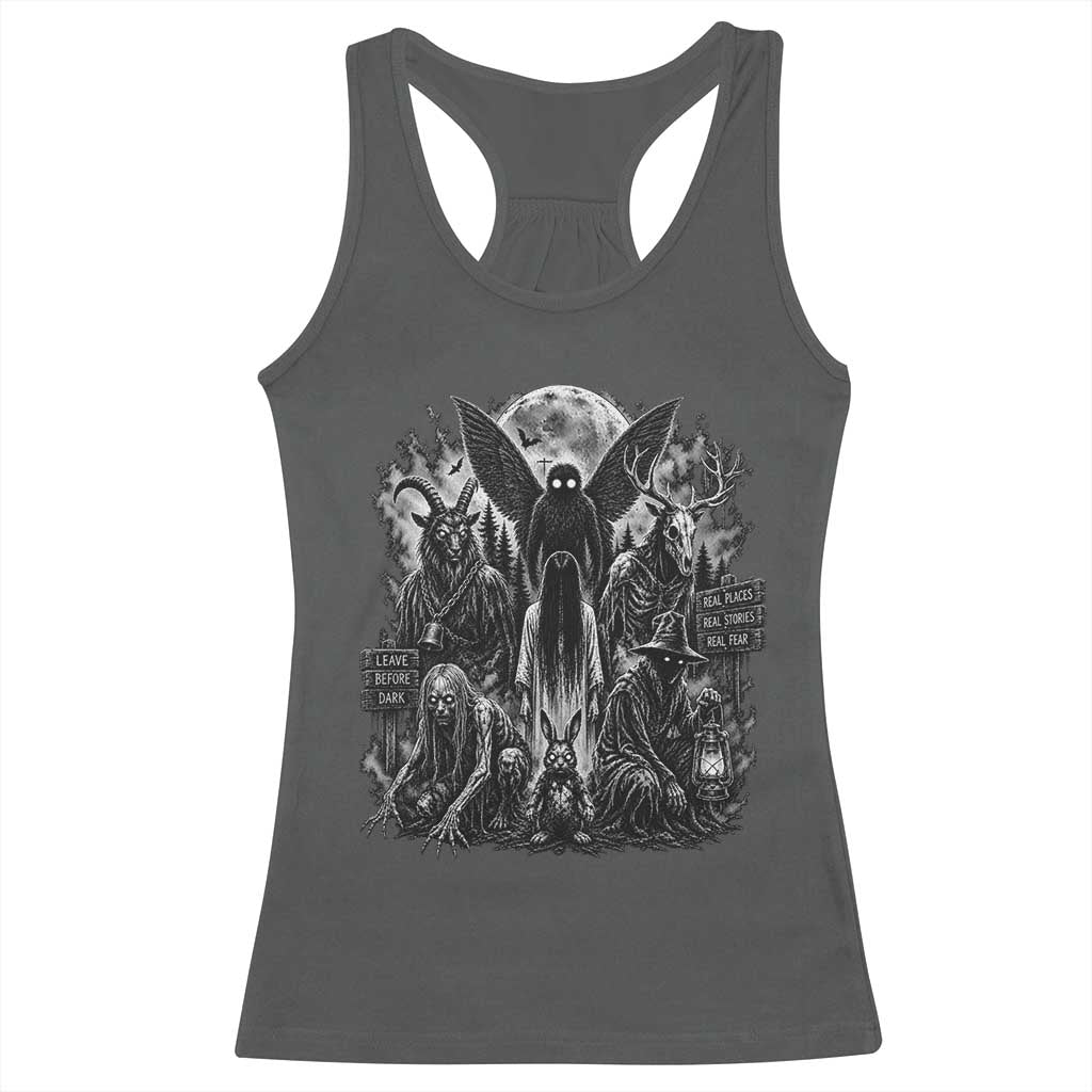 Cryptid Monsters Urban Legends Racerback Tank Top Vintage Dark Folklore Leave Before Dark Graphic