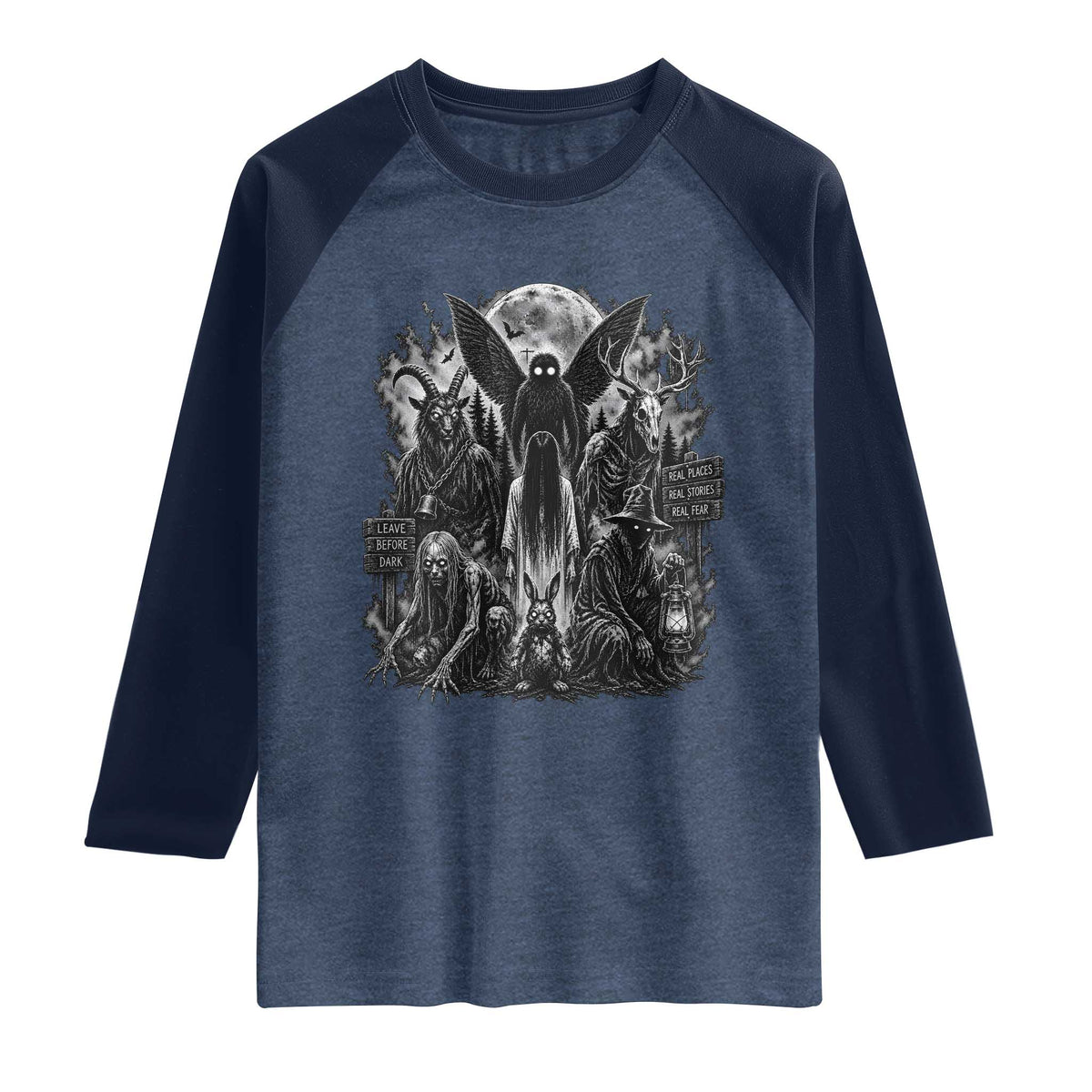 Cryptid Monsters Urban Legends Raglan Shirt Vintage Dark Folklore Leave Before Dark Graphic