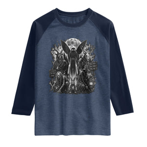 Cryptid Monsters Urban Legends Raglan Shirt Vintage Dark Folklore Leave Before Dark Graphic