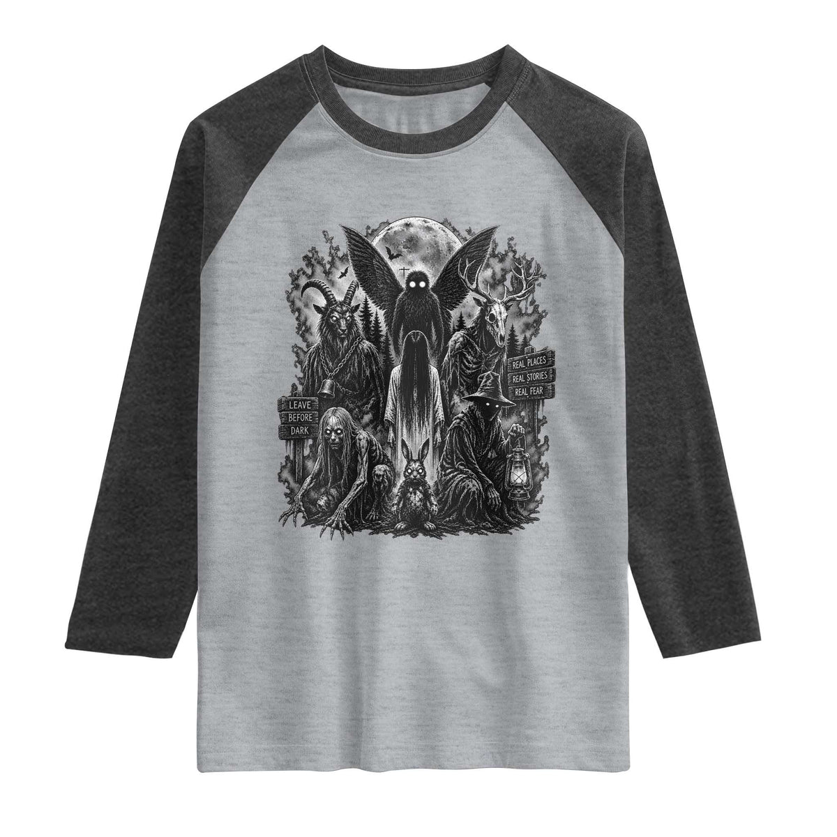 Cryptid Monsters Urban Legends Raglan Shirt Vintage Dark Folklore Leave Before Dark Graphic