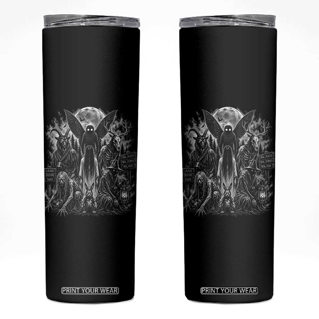 Cryptid Monsters Urban Legends Skinny Tumbler Vintage Dark Folklore Leave Before Dark Graphic