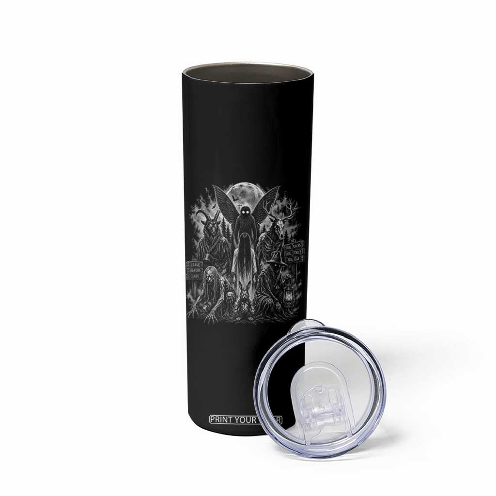 Cryptid Monsters Urban Legends Skinny Tumbler Vintage Dark Folklore Leave Before Dark Graphic