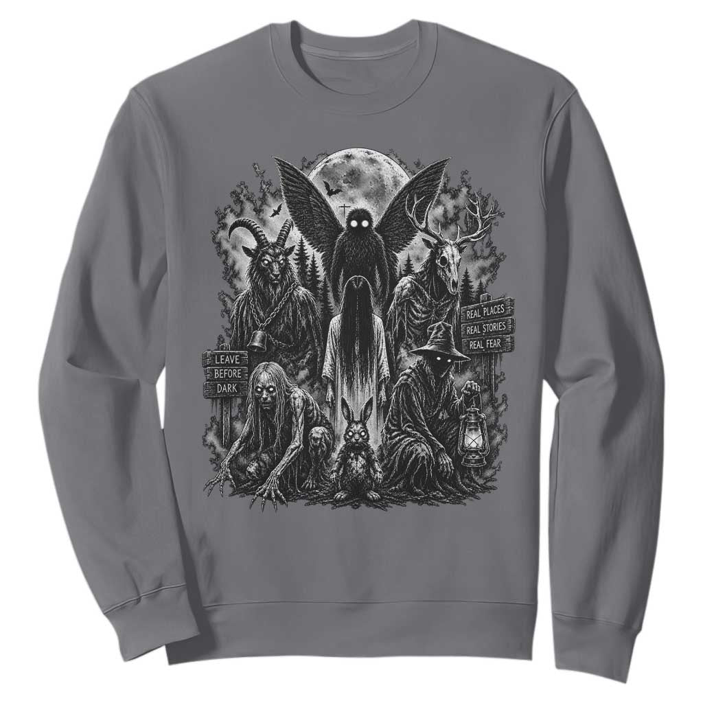 Cryptid Monsters Urban Legends Sweatshirt Vintage Dark Folklore Leave Before Dark Graphic