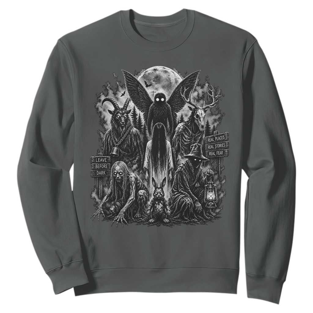 Cryptid Monsters Urban Legends Sweatshirt Vintage Dark Folklore Leave Before Dark Graphic