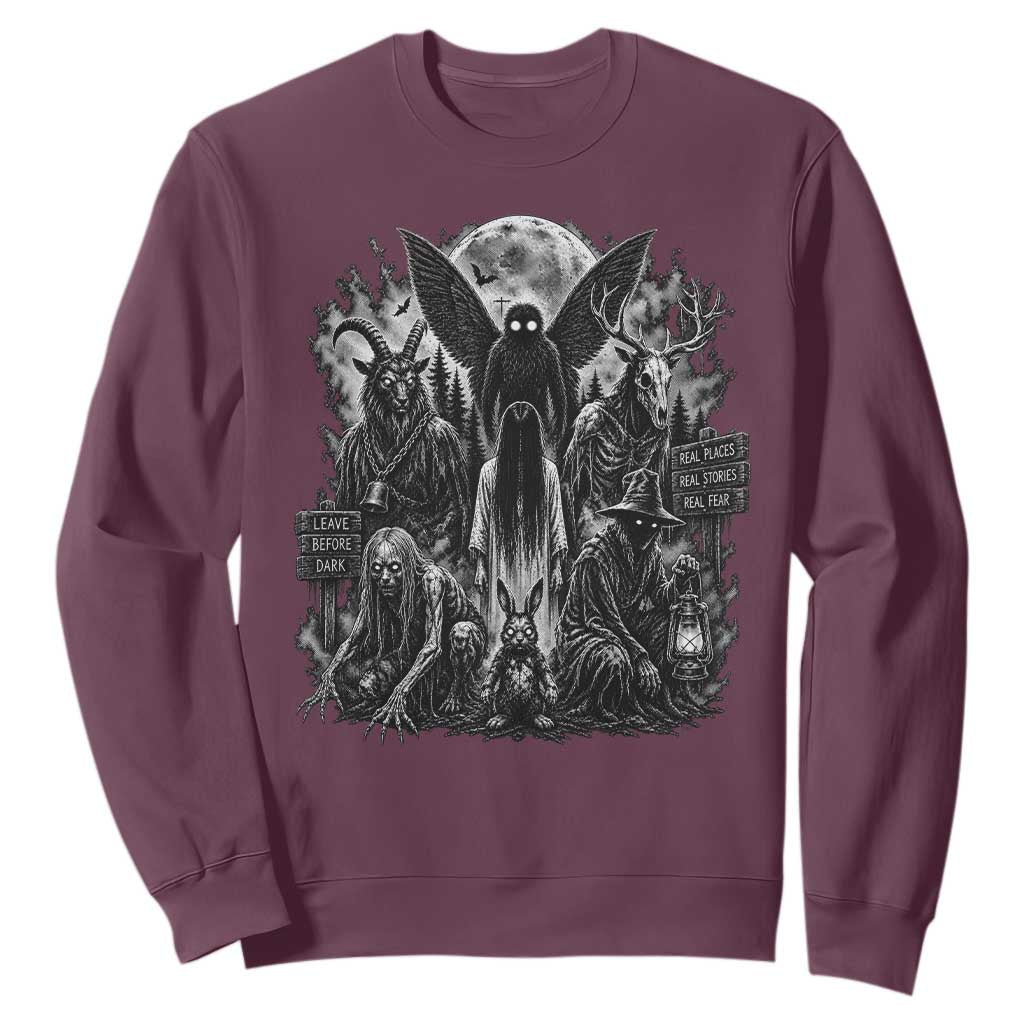 Cryptid Monsters Urban Legends Sweatshirt Vintage Dark Folklore Leave Before Dark Graphic
