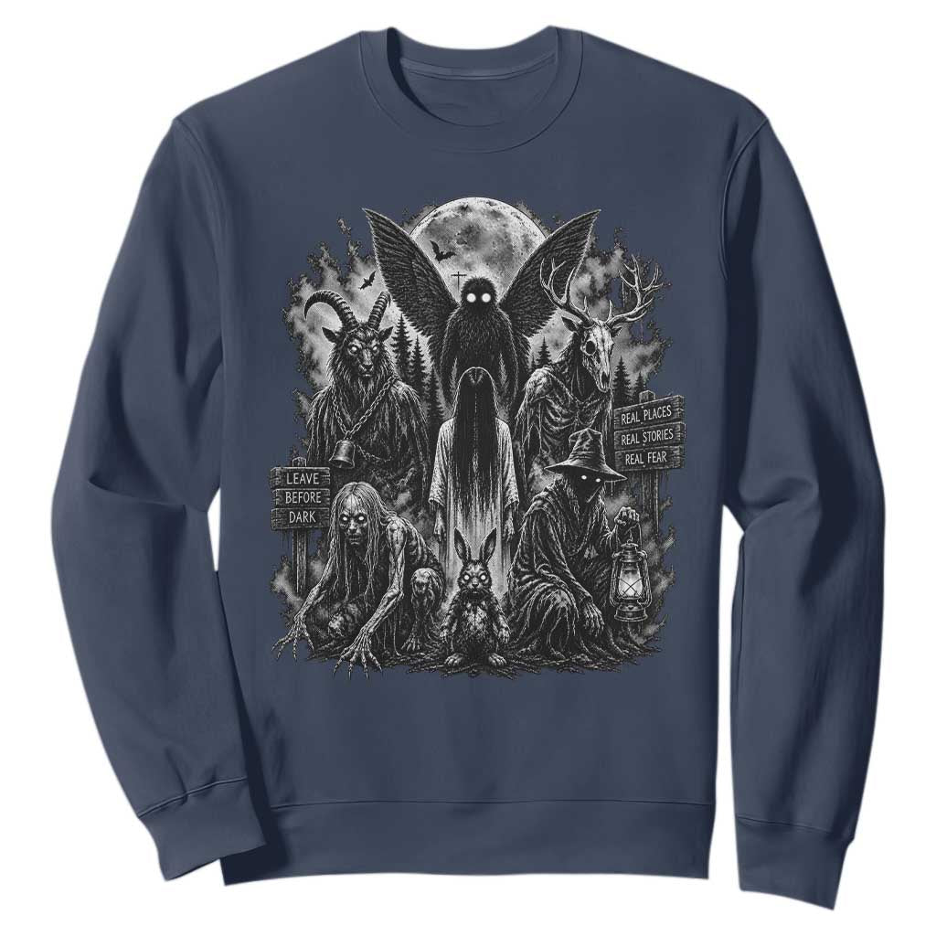 Cryptid Monsters Urban Legends Sweatshirt Vintage Dark Folklore Leave Before Dark Graphic