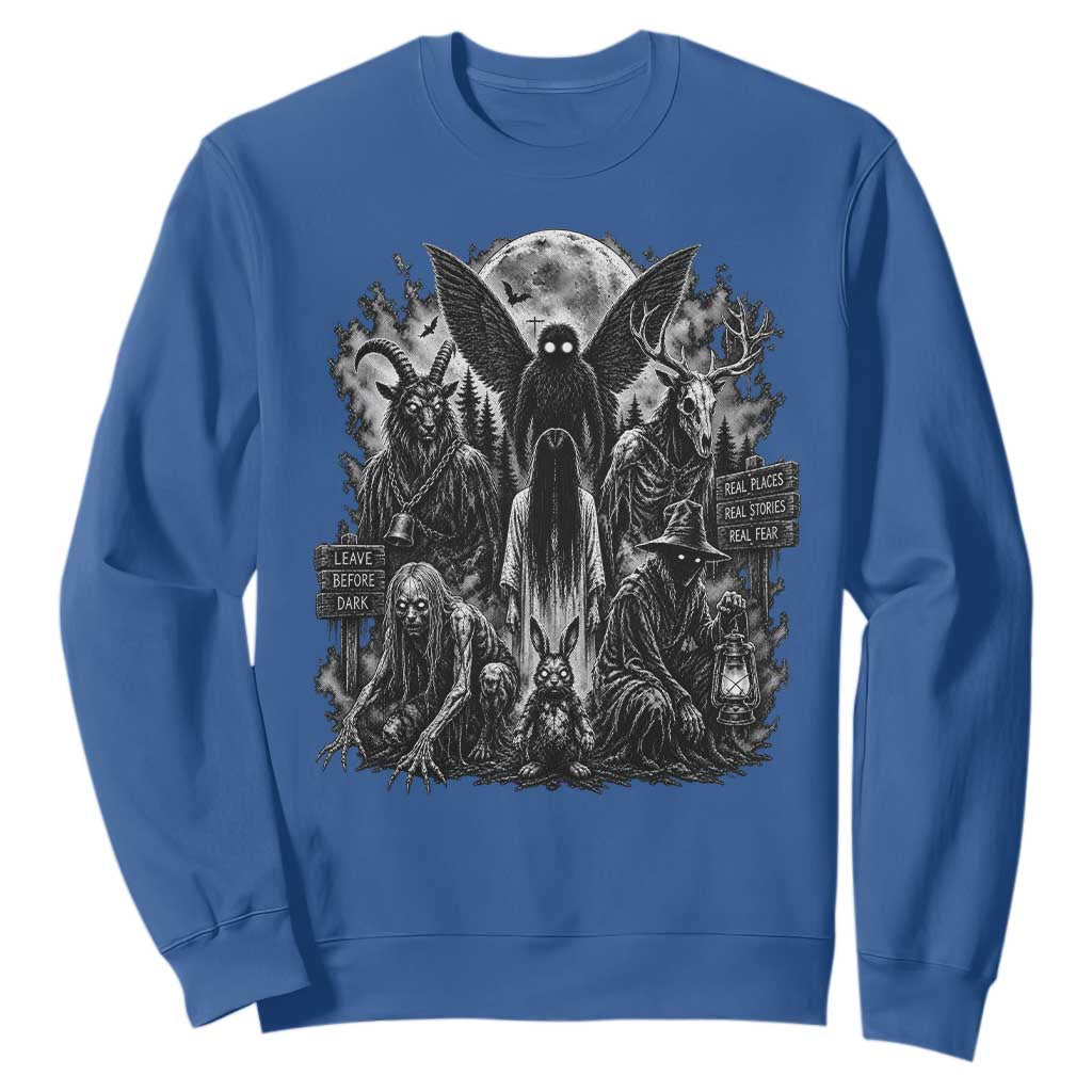 Cryptid Monsters Urban Legends Sweatshirt Vintage Dark Folklore Leave Before Dark Graphic
