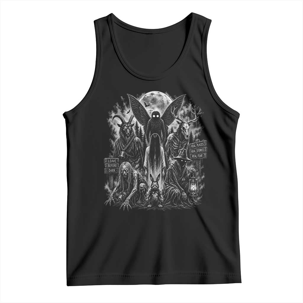 Cryptid Monsters Urban Legends Tank Top Vintage Dark Folklore Leave Before Dark Graphic