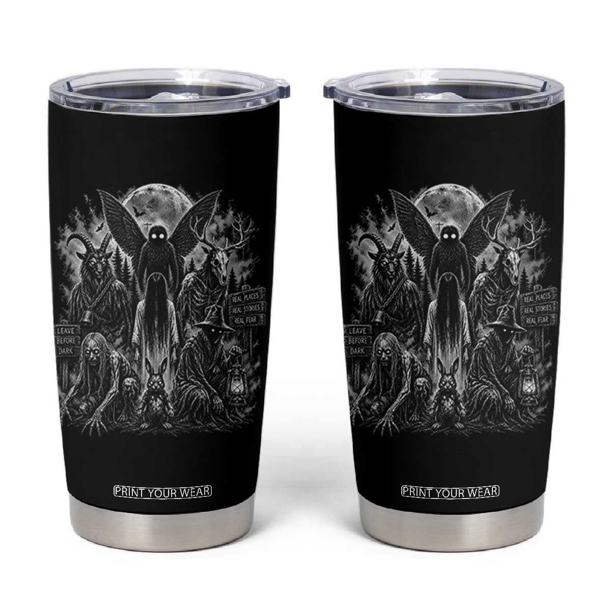 Cryptid Monsters Urban Legends Tumbler Cup Vintage Dark Folklore Leave Before Dark Graphic