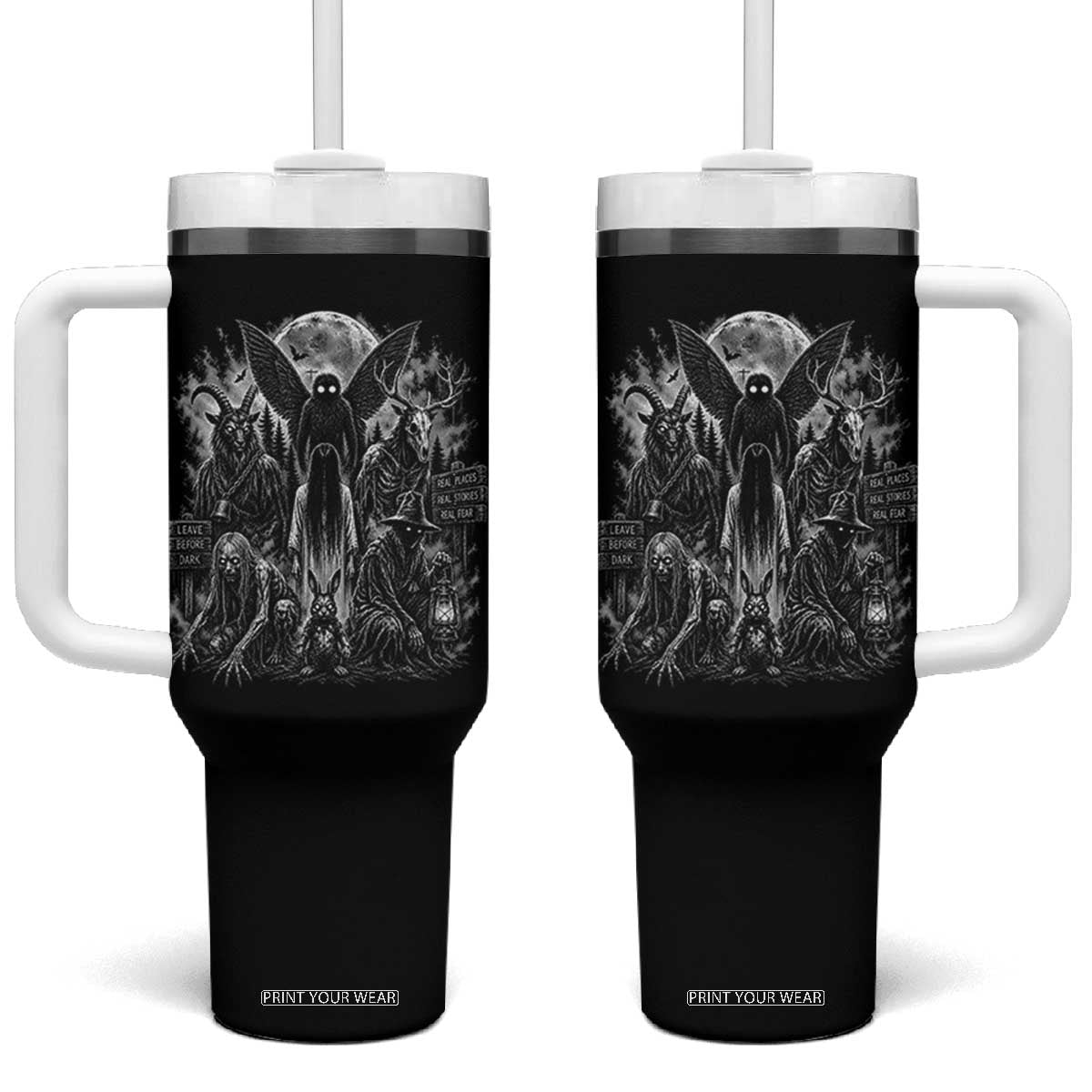 Cryptid Monsters Urban Legends Tumbler With Handle Vintage Dark Folklore Leave Before Dark Graphic