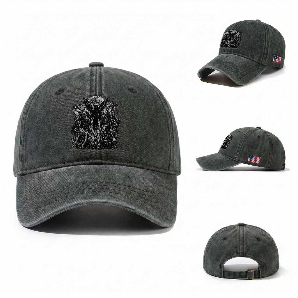 Cryptid Monsters Urban Legends Washed Cotton Baseball Cap Vintage Dark Folklore Leave Before Dark Graphic