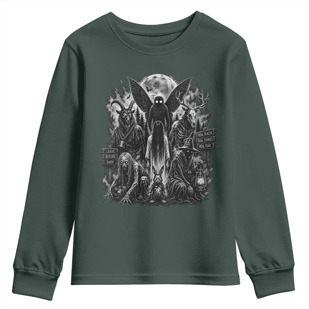 Cryptid Monsters Urban Legends Youth Sweatshirt Vintage Dark Folklore Leave Before Dark Graphic