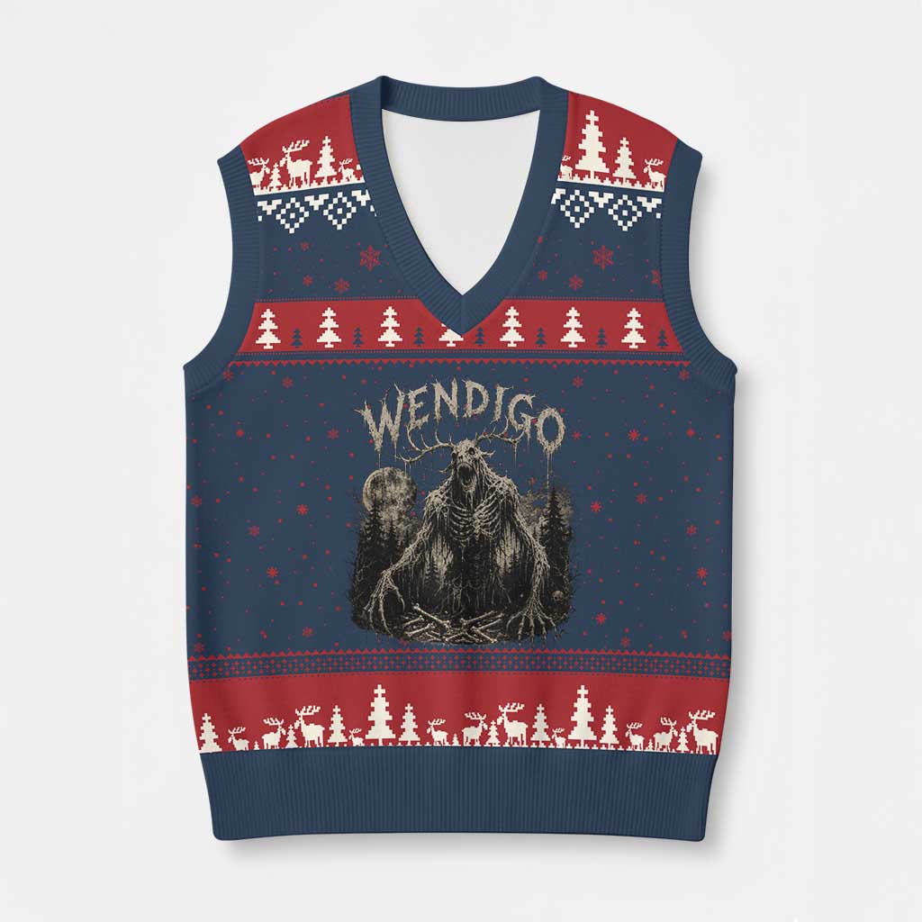 Wendigo Cryptid Monster V-Neck Knit Sweater Vest Heavy Metal Dark Fantasy Horror Graphic TS10 Navy Red Print Your Wear
