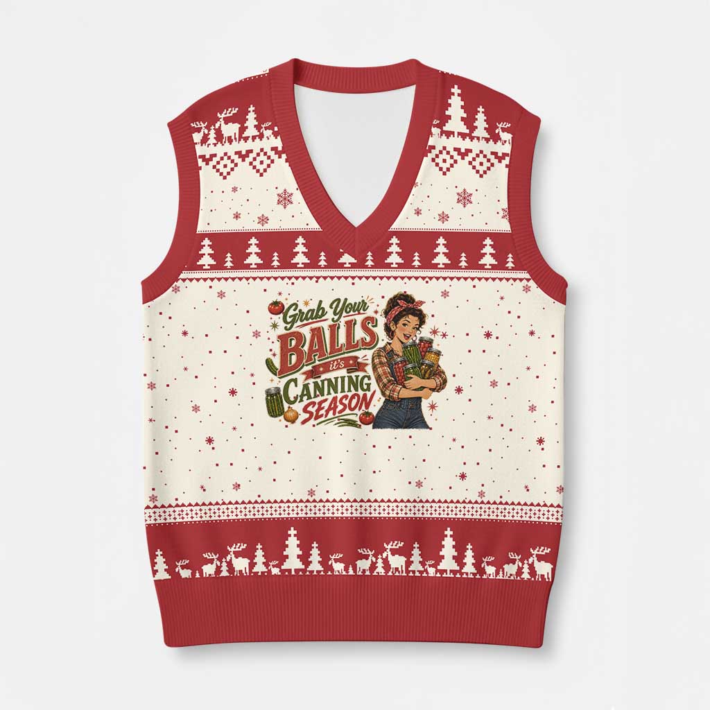 Grab Your Balls Its Canning Season Funny Food Preservation V-Neck Knit Sweater Vest Vintage Retro Country Girl Graphic TS10 Beige Red Print Your Wear