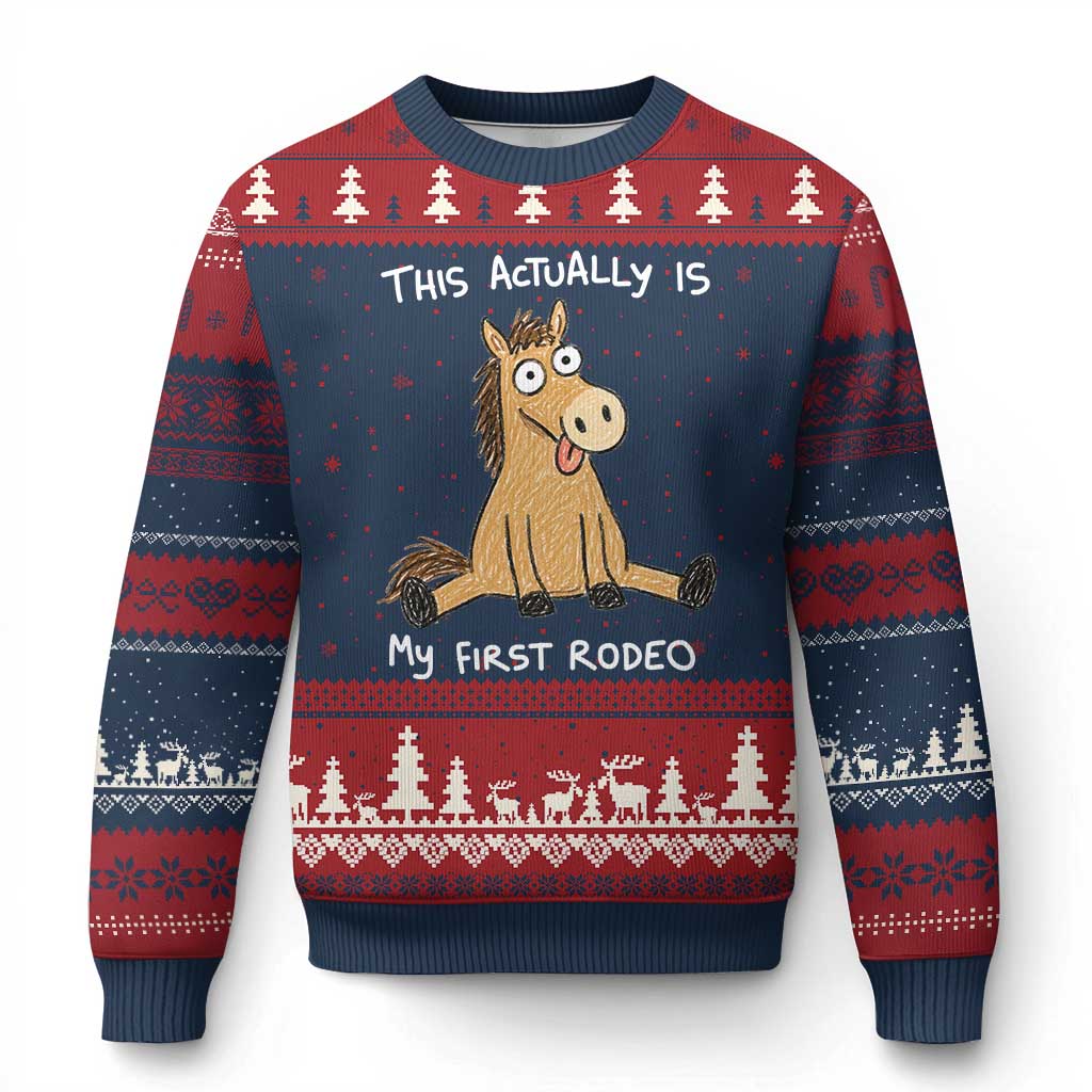 This Actually Is My First Rodeo Funny Silly Horse Ugly Christmas Sweater 1st Birthday Meme TS10 Navy Red Print Your Wear