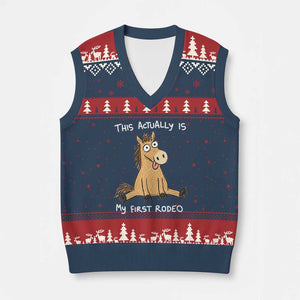 This Actually Is My First Rodeo Funny Silly Horse V-Neck Knit Sweater Vest 1st Birthday Meme