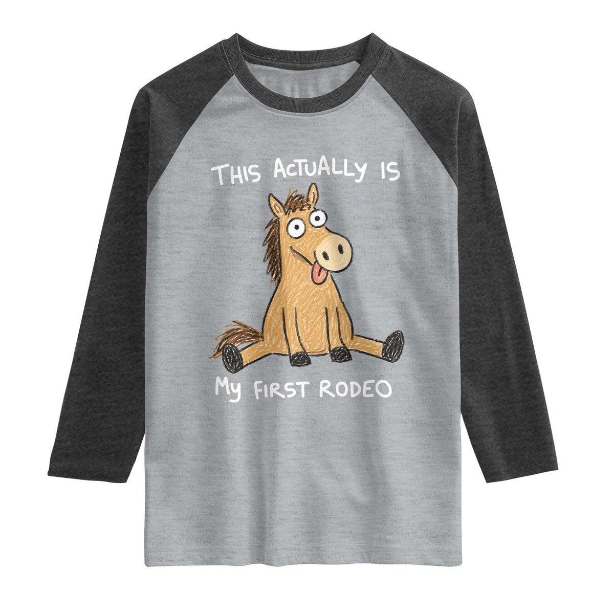 This Actually Is My First Rodeo Funny Silly Horse Raglan Shirt 1st Birthday Meme
