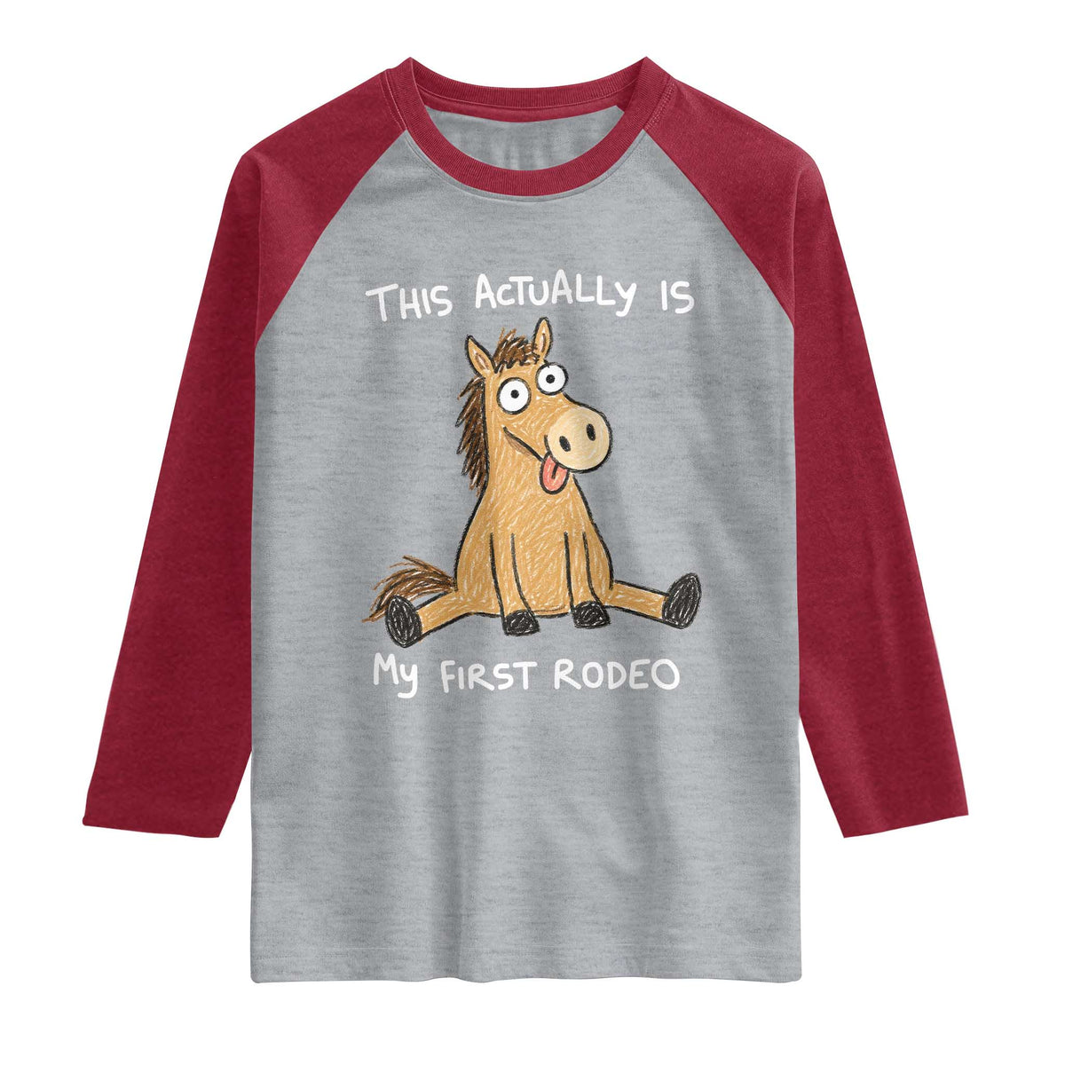 This Actually Is My First Rodeo Funny Silly Horse Raglan Shirt 1st Birthday Meme