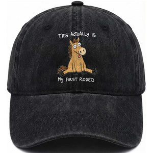This Actually Is My First Rodeo Funny Silly Horse Washed Cotton Baseball Cap 1st Birthday Meme