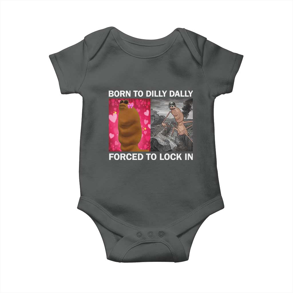 Marcus The Worm Meme Baby Onesie Born To Dilly Dally Forced To Lock In Funny Cute Brainrot TS10 Dark Heather Print Your Wear