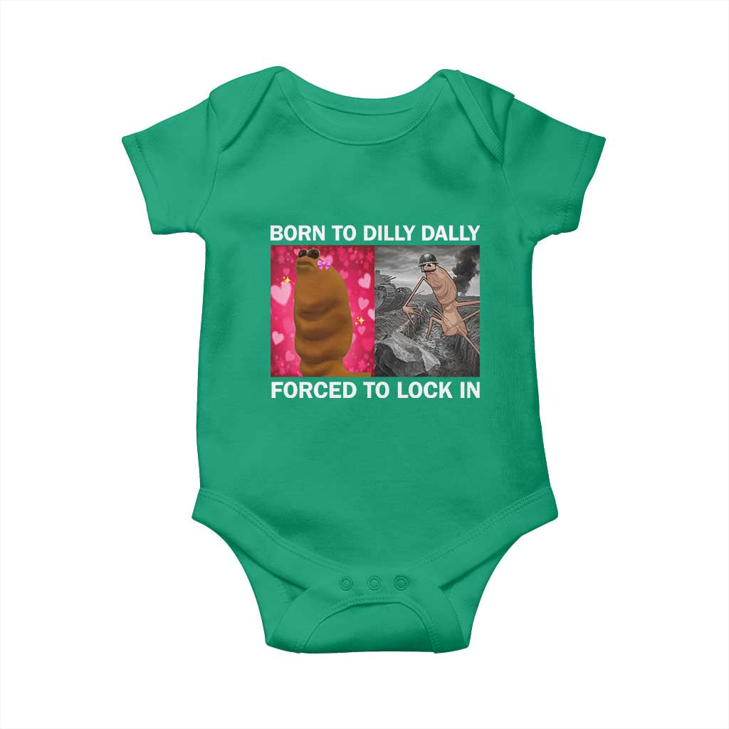 Marcus The Worm Meme Baby Onesie Born To Dilly Dally Forced To Lock In Funny Cute Brainrot TS10 Irish Green Print Your Wear