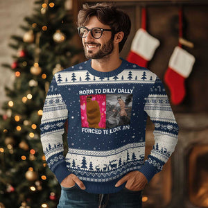 Marcus The Worm Meme Ugly Christmas Sweater Born To Dilly Dally Forced To Lock In Funny Cute Brainrot TS10 Navy Beige Print Your Wear
