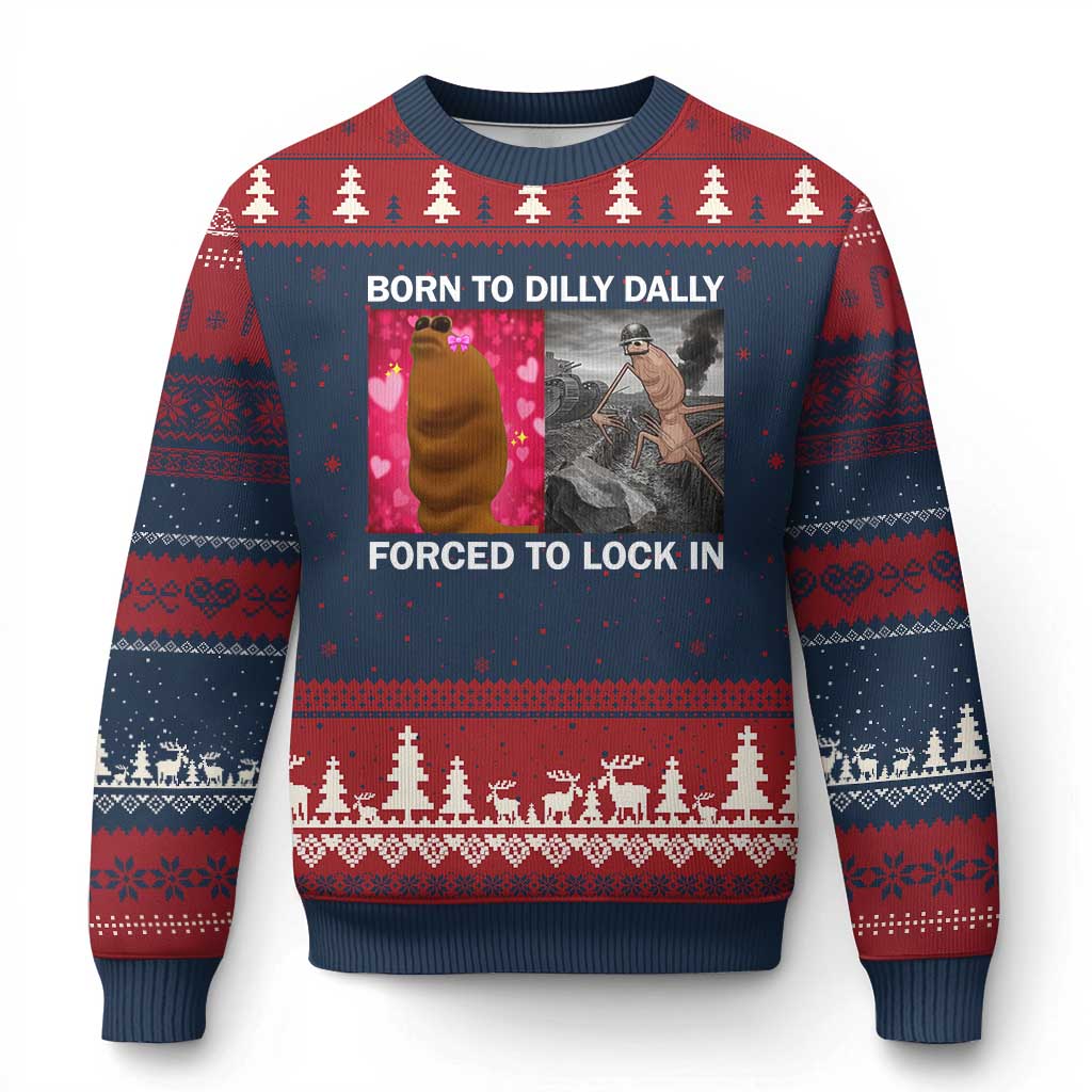 Marcus The Worm Meme Ugly Christmas Sweater Born To Dilly Dally Forced To Lock In Funny Cute Brainrot TS10 Navy Red Print Your Wear