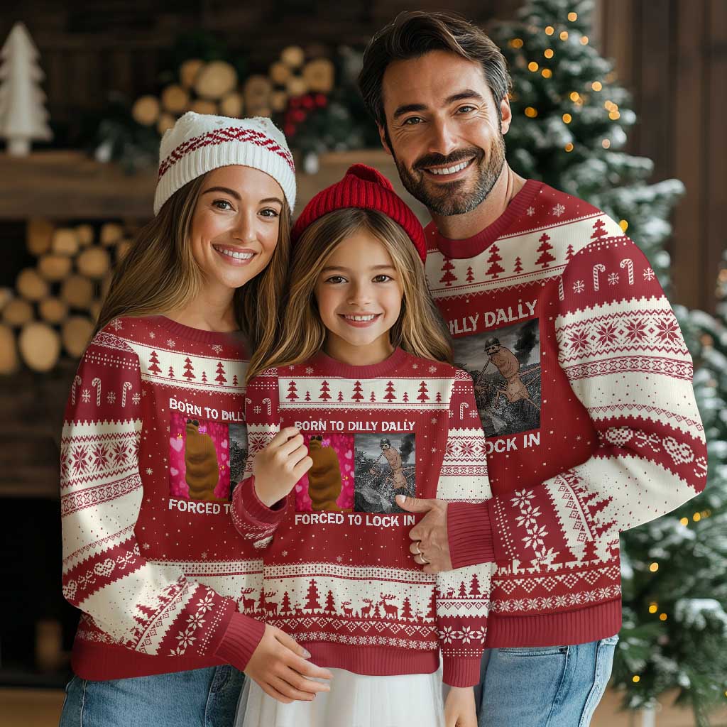 Marcus The Worm Meme Ugly Christmas Sweater Born To Dilly Dally Forced To Lock In Funny Cute Brainrot TS10 Red Beige Print Your Wear