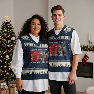 Marcus The Worm Meme V-Neck Knit Sweater Vest Born To Dilly Dally Forced To Lock In Funny Cute Brainrot TS10 Navy Beige Print Your Wear