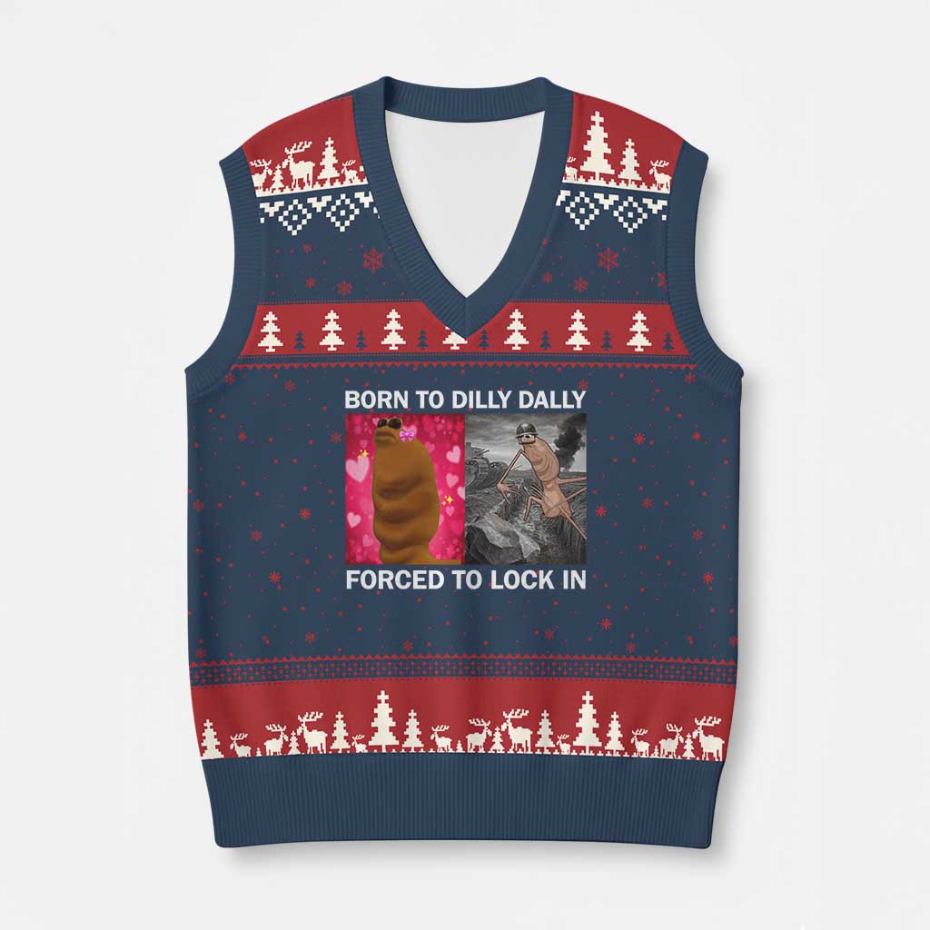 Marcus The Worm Meme V-Neck Knit Sweater Vest Born To Dilly Dally Forced To Lock In Funny Cute Brainrot TS10 Navy Red Print Your Wear