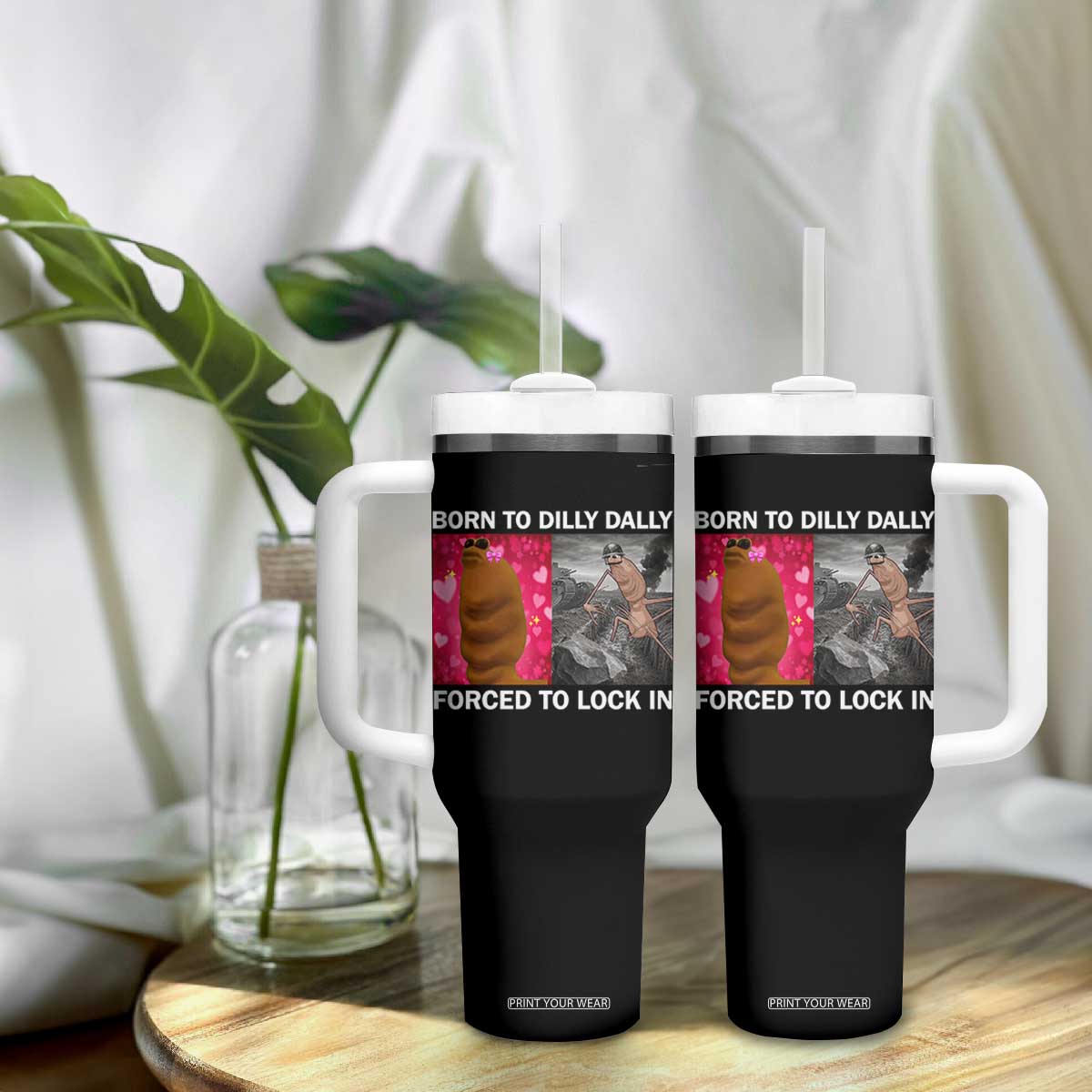 Marcus The Worm Meme Tumbler With Handle Born To Dilly Dally Forced To Lock In Funny Cute Brainrot TS10 Print Your Wear