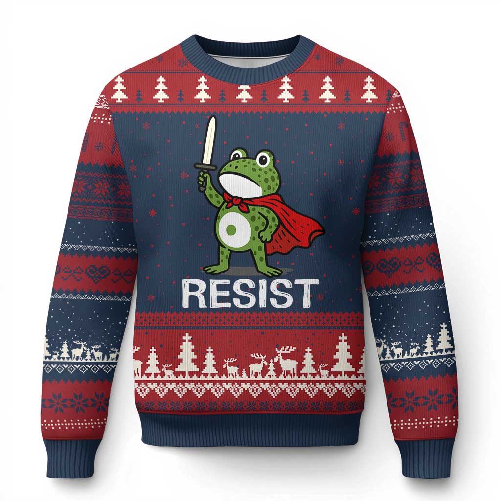 Resist Frog With Sword Ugly Christmas Sweater No Kings Portland Protest TS10 Navy Red Print Your Wear