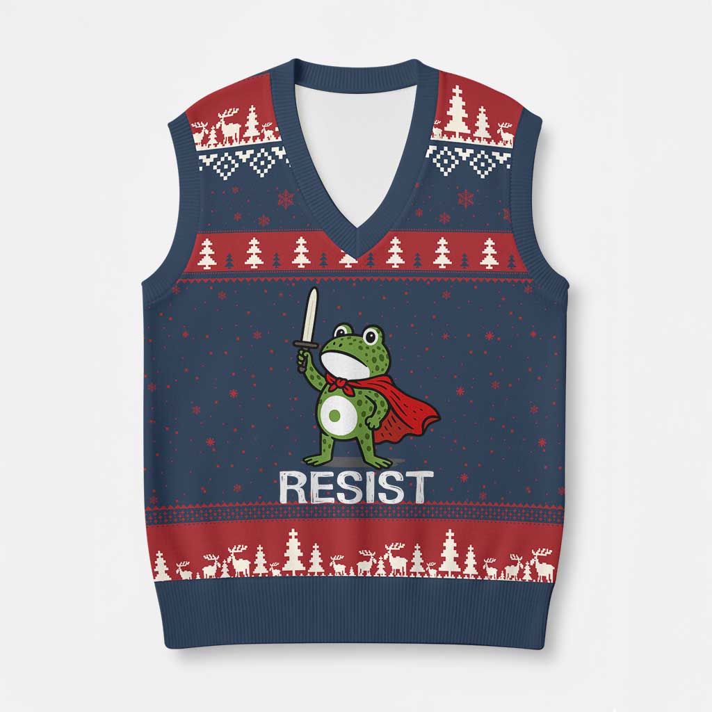 Resist Frog With Sword V-Neck Knit Sweater Vest No Kings Portland Protest - Print Your Wear