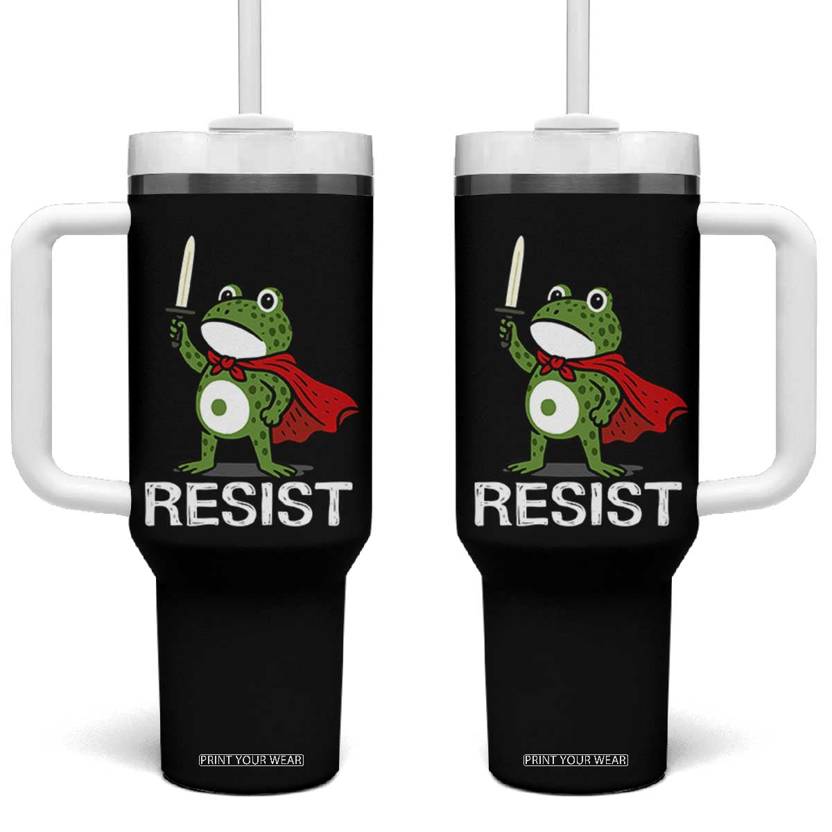 Resist Frog With Sword Tumbler With Handle No Kings Portland Protest TS10 One Size: 40 oz Black Print Your Wear
