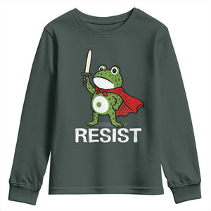 Resist Frog With Sword Youth Sweatshirt No Kings Portland Protest TS10 Dark Forest Green Print Your Wear